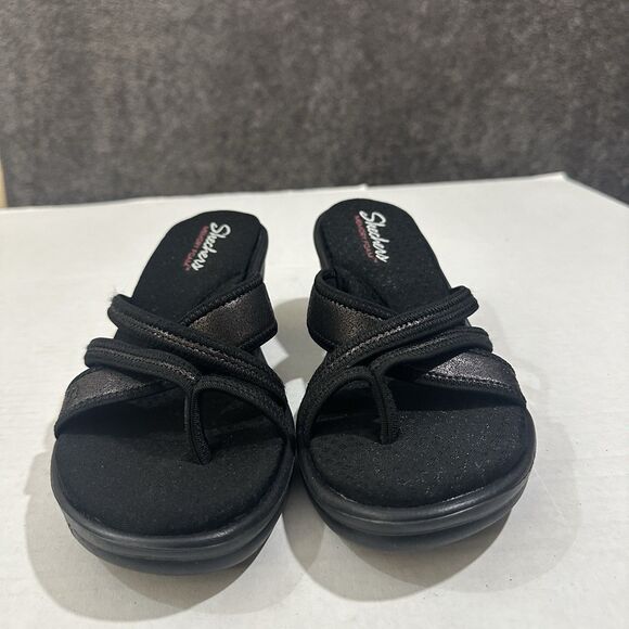 Skechers Womens Sz 9 Memory Foam Sandals Black Heel Wedge Slip On Strappy - Picture 3 of 16